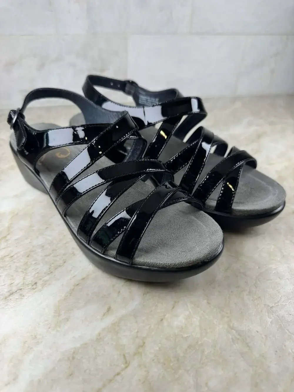 Dansko Dani Black Patent Leather Strappy Slingback Wedge Sandals Comfort EU 37